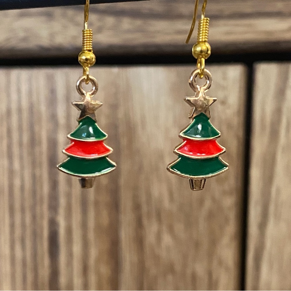 Hand Crafted Green and Red Christmas Tree Earrings